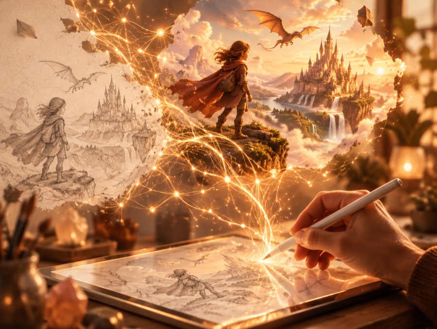 AI turning a pencil sketch into a living fantasy world