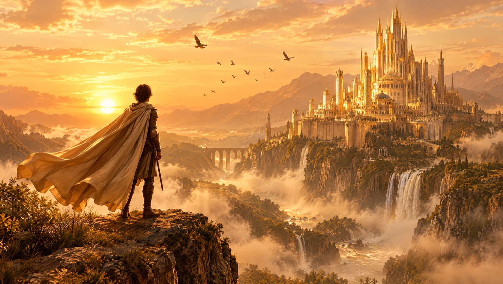 A warrior on a cliff before a golden castle, generated from a pencil sketch