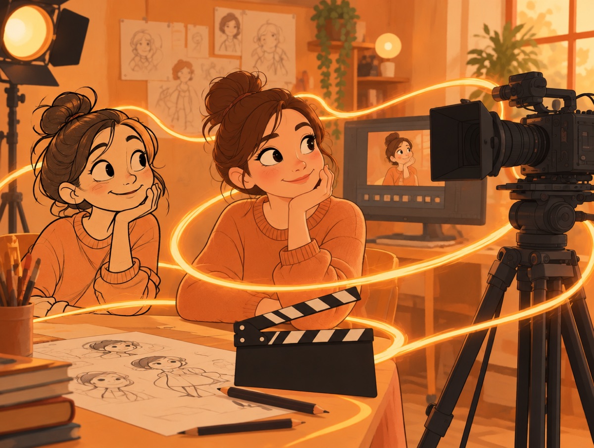 The same girl transforming from a 2D cartoon into 3D, then live action, then AI